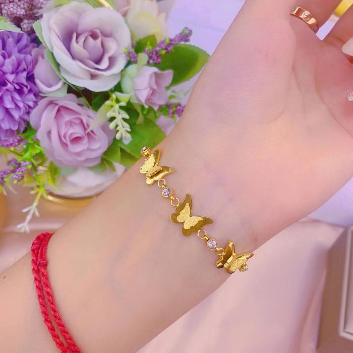 Simple Style Butterfly Titanium Steel Plating Inlay 18K Gold Plated Bracelets
