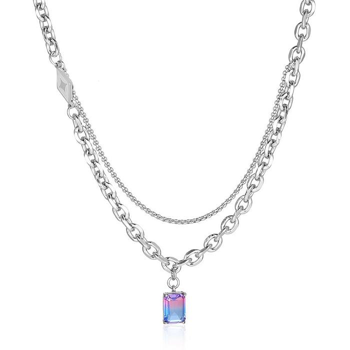 Casual Simple Style Rectangle Stainless Steel Chain Inlay Gem Pendant Necklace Long Necklace