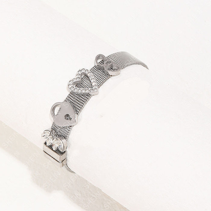 Luxurious Heart Shape Lock Stainless Steel Patchwork Inlay Artificial Diamond Bangle 1 Piece