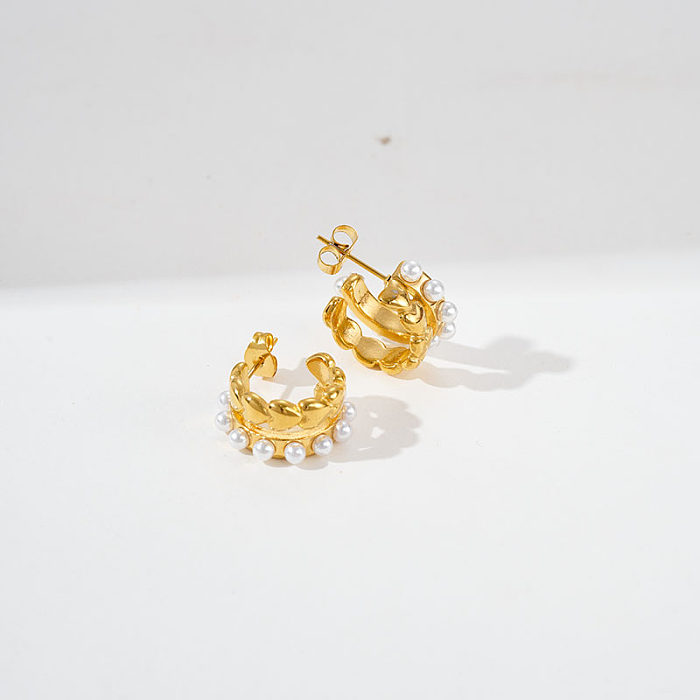 1 par de pendientes chapados en oro con perlas de acero inoxidable con incrustaciones chapadas en forma de C estilo moderno estilo Simple