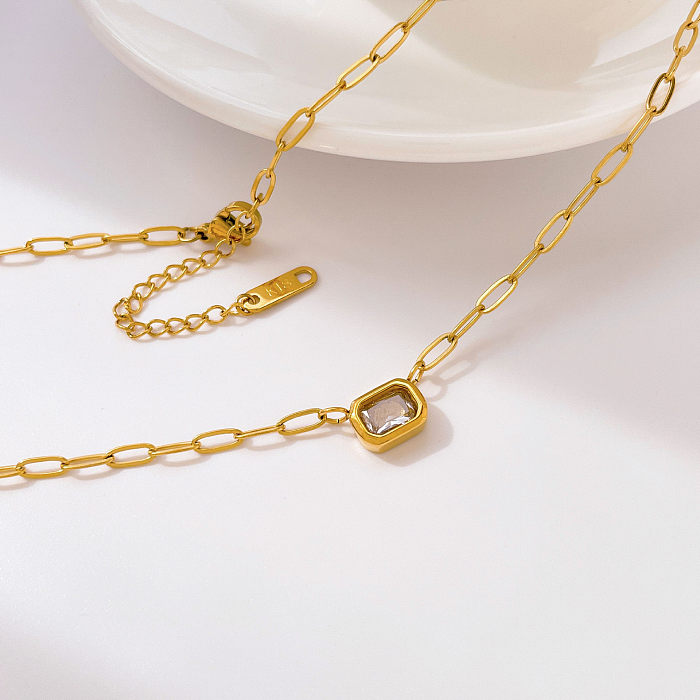 Schlichter Stil, quadratische Wassertropfen, Edelstahl-Beschichtung, künstliche Edelsteine, 18 Karat vergoldete Anhänger-Halskette