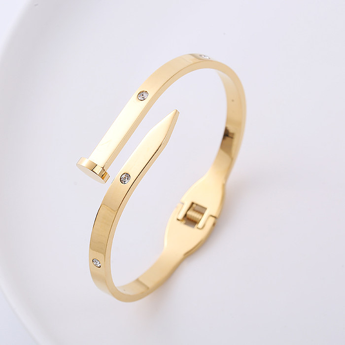 Classic Style Nail Stainless Steel Asymmetrical Gold Plated Zircon Bangle 1 Piece