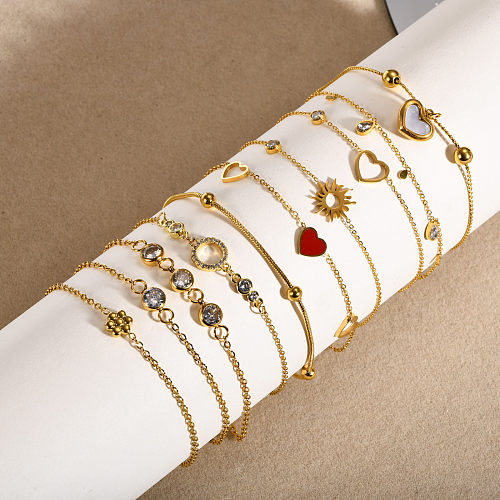 Ig estilo estilo coreano redondo formato de coração flor revestimento de aço inoxidável incrustação de zircão pulseiras banhadas a ouro 18k