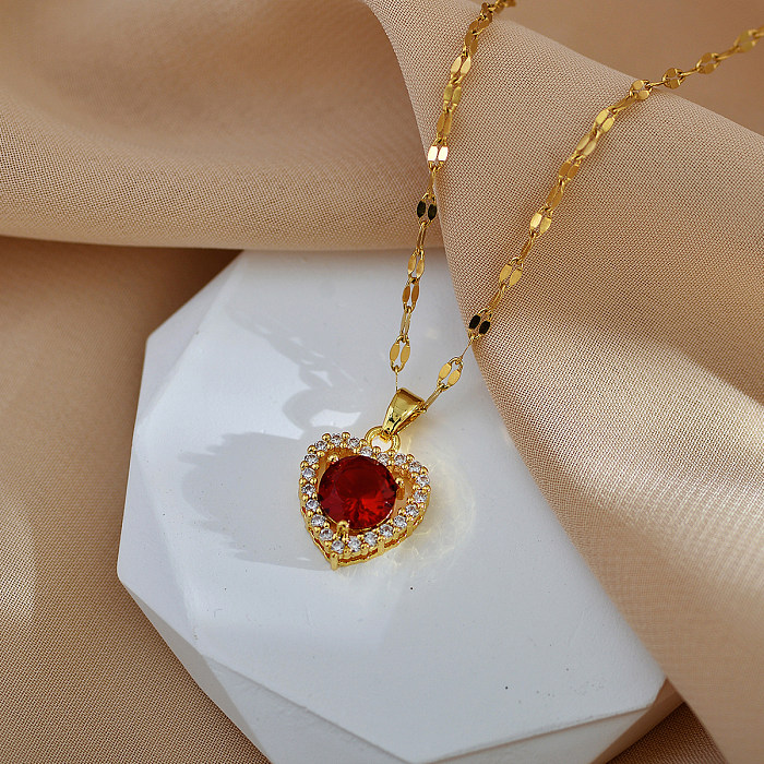 Elegant Lady Heart Shape Stainless Steel Copper Inlay Zircon Pendant Necklace
