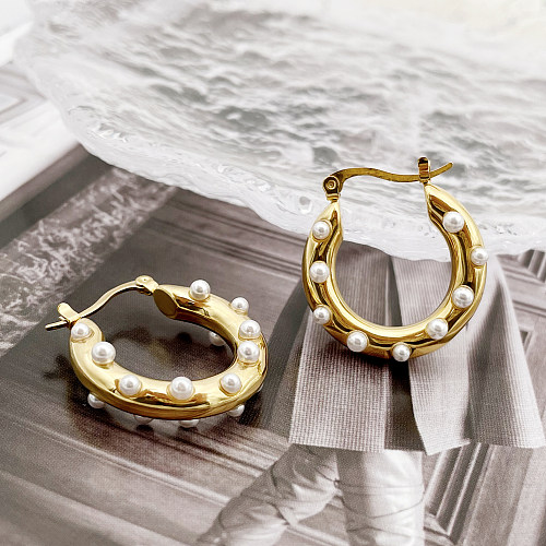 1 Pair Elegant U Shape Stainless Steel  Metal Polishing Plating Inlay Pearl Gold Plated Hoop Earrings