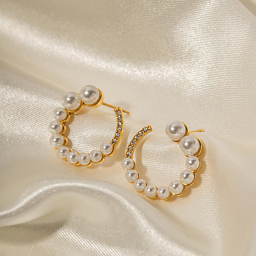 1 paire de boucles d'oreilles plaquées or 18 carats, Style INS, incrustation de perles en acier inoxydable