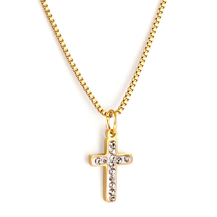 Collier avec pendentif en forme de croix rétro, placage en acier inoxydable, incrustation de pierres précieuses artificielles, 1 pièce
