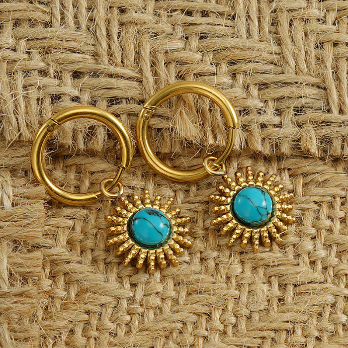 Retro Fashion Printing Stainless Steel  Gold Plated Turquoise Earrings 1 Pair