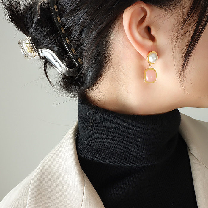 Boucles d'oreilles pendantes élégantes, rondes et carrées, plaquées en acier inoxydable, perles artificielles, 1 paire