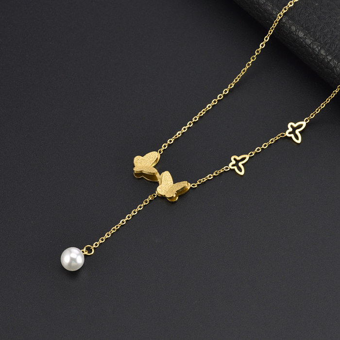 INS Style doux papillon en acier inoxydable placage évider incrustation perle pendentif collier