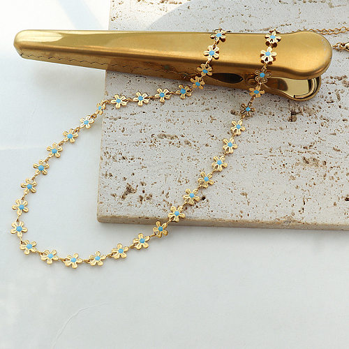 INS European And American Personalized Gold Blue With Flowers Drop Oil Necklace Titanium Steel Plated 18K Real Gold Bracelet Set P075-E012