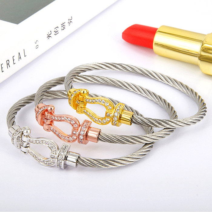 1 Piece Fashion Solid Color Stainless Steel Copper Inlay Rhinestones Bangle