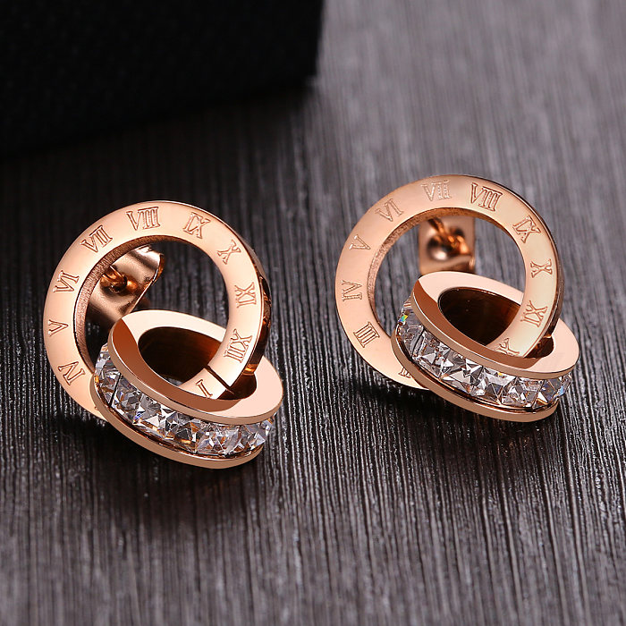 1 Pair Simple Style Number Plating Inlay Stainless Steel  Rhinestones Rose Gold Plated Drop Earrings