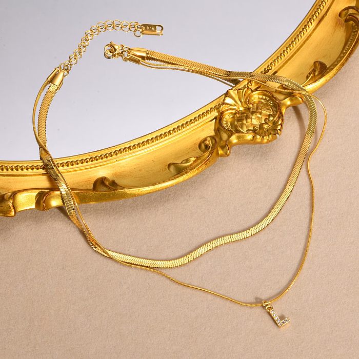 INS-Stil, einfacher Stil, Buchstabe, Edelstahl-Beschichtung, Inlay, Zirkon, 18 Karat vergoldet, mehrschichtige Halsketten