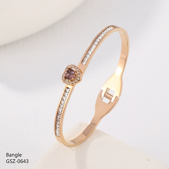 Vintage Style Simple Style Heart Shape Stainless Steel Plating Inlay Rhinestones Zircon Rose Gold Plated Gold Plated Silver Plated Bangle