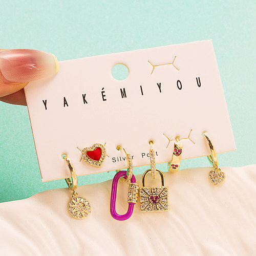 Cute Heart Shape Lock Stainless Steel  Gold Plated Asymmetrical Artificial Pearls Zircon Earrings 1 Set