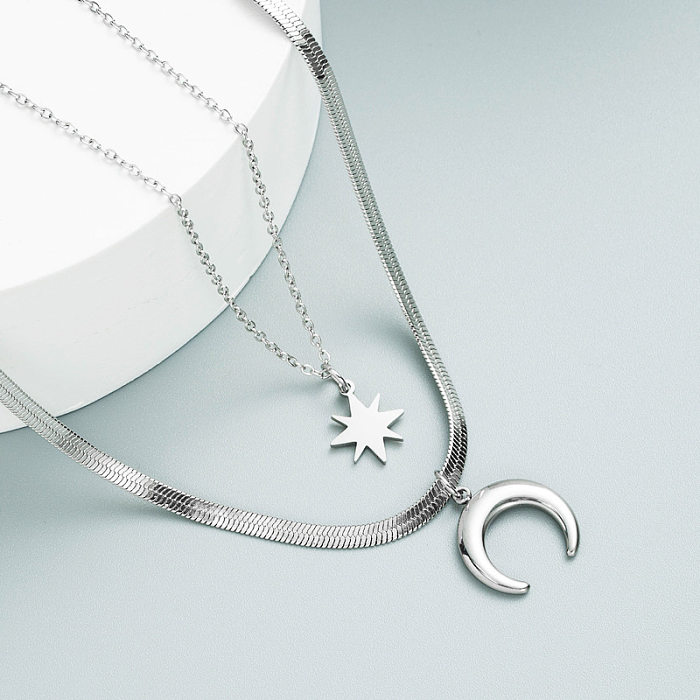 Collier Simple Double couche étoile lune en acier inoxydable, pendentif en os de serpent, bijoux en gros