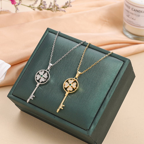 Retro Streetwear Key Stainless Steel  Plating Inlay Zircon 18K Gold Plated Pendant Necklace