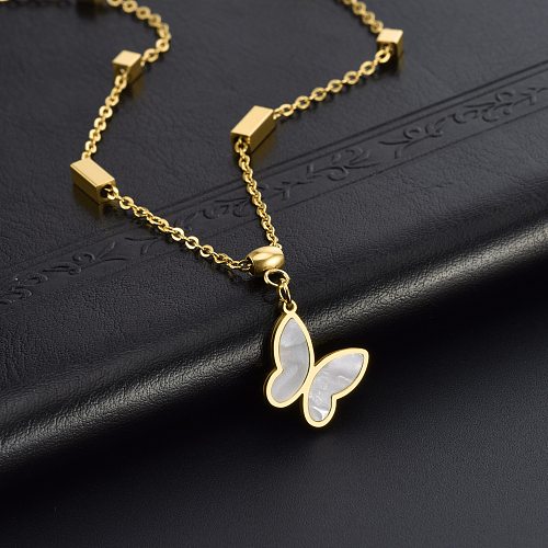 Elegant Butterfly Stainless Steel Inlay Shell 18K Gold Plated Pendant Necklace