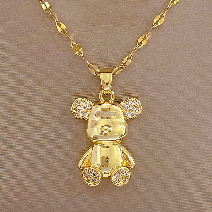 Simple Style Little Bear Stainless Steel  Copper Inlay Rhinestones Pendant Necklace