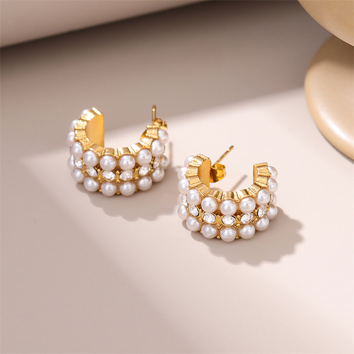 1 paire de clous d'oreilles plaqués or 18 carats, Style rétro Simple, en forme de C, placage rond en acier inoxydable, Imitation de perle