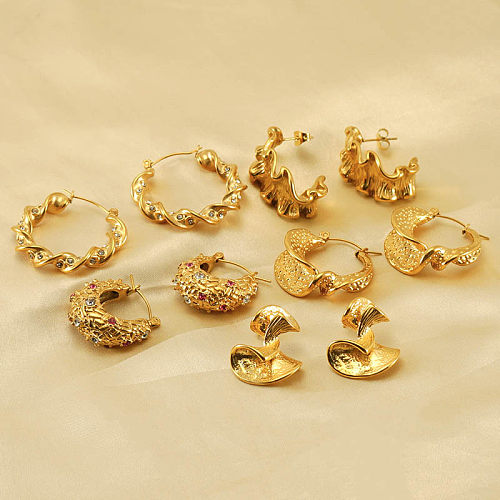 1 Paar glamouröse Retro-Ohrringe mit geometrischem Edelstahl-Inlay und Zirkon, 18 Karat vergoldet