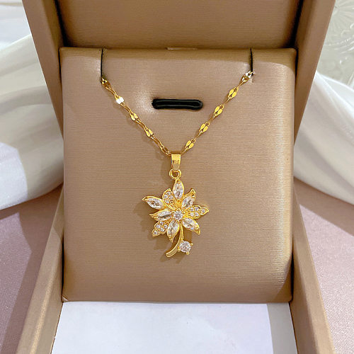 Simple Style Flower Stainless Steel Copper Inlay Zircon Pendant Necklace