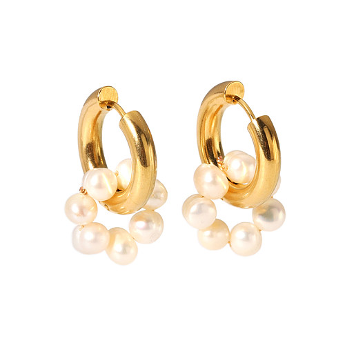 1 Pair IG Style Sweet Flower Pearl Plating Stainless Steel  18K Gold Plated Drop Earrings