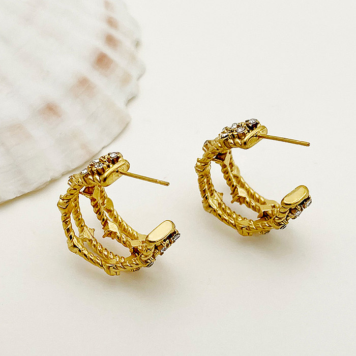 1 Pair Vintage Style Simple Style Roman Style C Shape Layered Plating Inlay Stainless Steel  Zircon Gold Plated Ear Studs