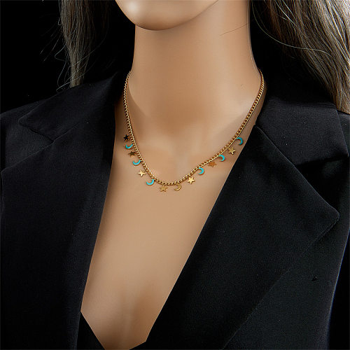 Retro Star Moon Stainless Steel Enamel 18K Gold Plated Necklace
