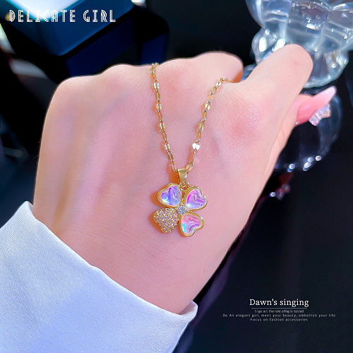 Fashion Four Leaf Clover Stainless Steel Copper Plating Inlay Rhinestones Pendant Necklace