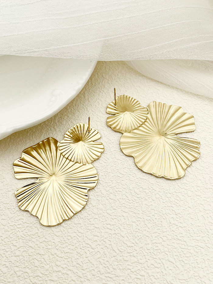 1 Pair Chinoiserie Vintage Style Artistic Lotus Leaf Polishing Plating Stainless Steel  Gold Plated Ear Studs