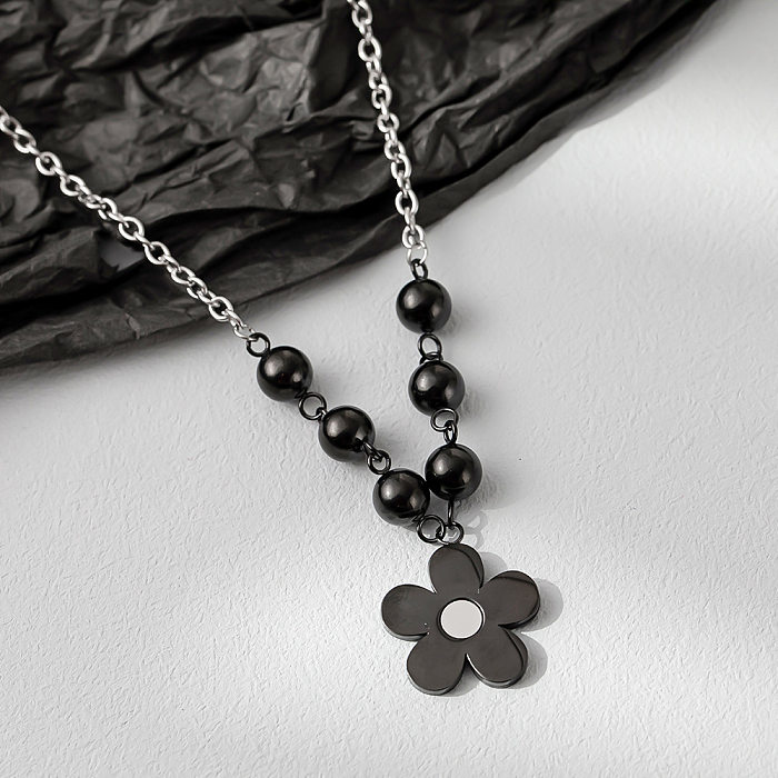 Collier pendentif en acier inoxydable avec placage de perles, style décontracté et cool, fleur