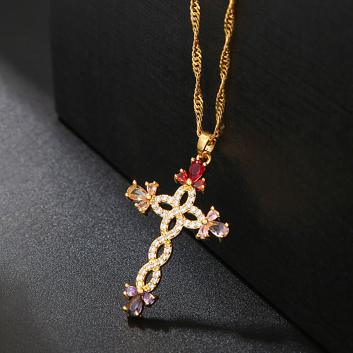 Simple Style Cross Stainless Steel  Plating Inlay Zircon 18K Gold Plated Pendant Necklace