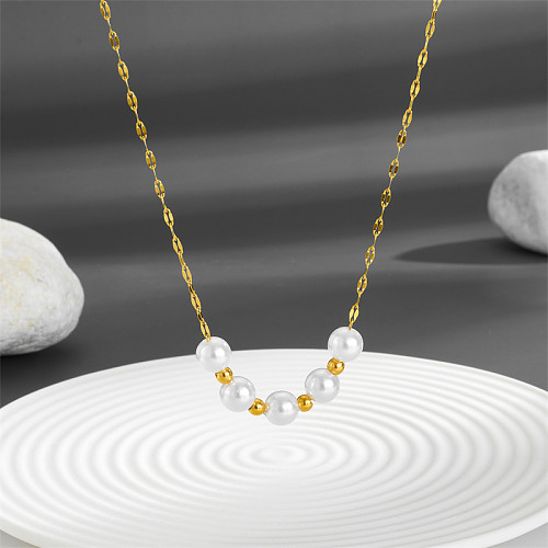 Simple Style Round Stainless Steel Beaded Pearl Plating 18K Gold Plated Necklace