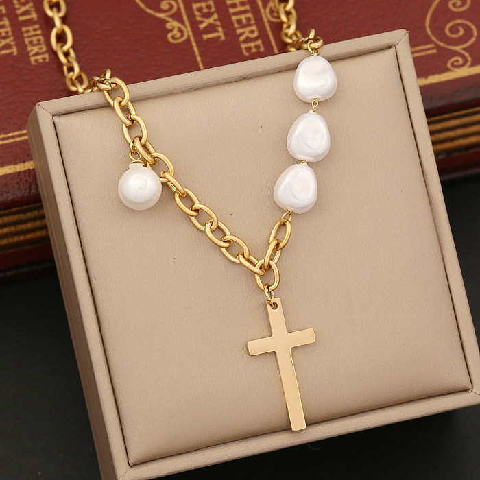 Wholesale Baroque Style Irregular Cross Heart Shape Stainless Steel  Imitation Pearl Necklace