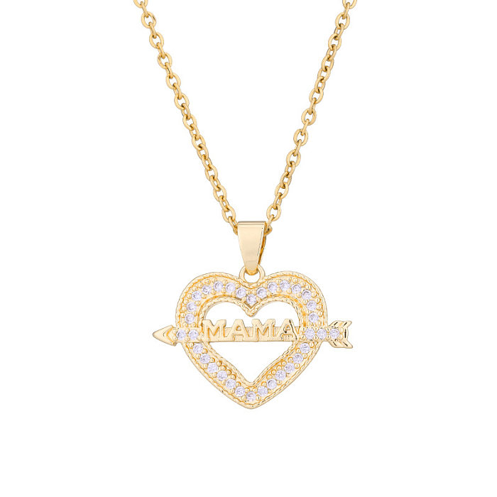 1 Piece Fashion MAMA Letter Heart Shape Stainless Steel  Rhinestone Plating Inlay Zircon Pendant Necklace