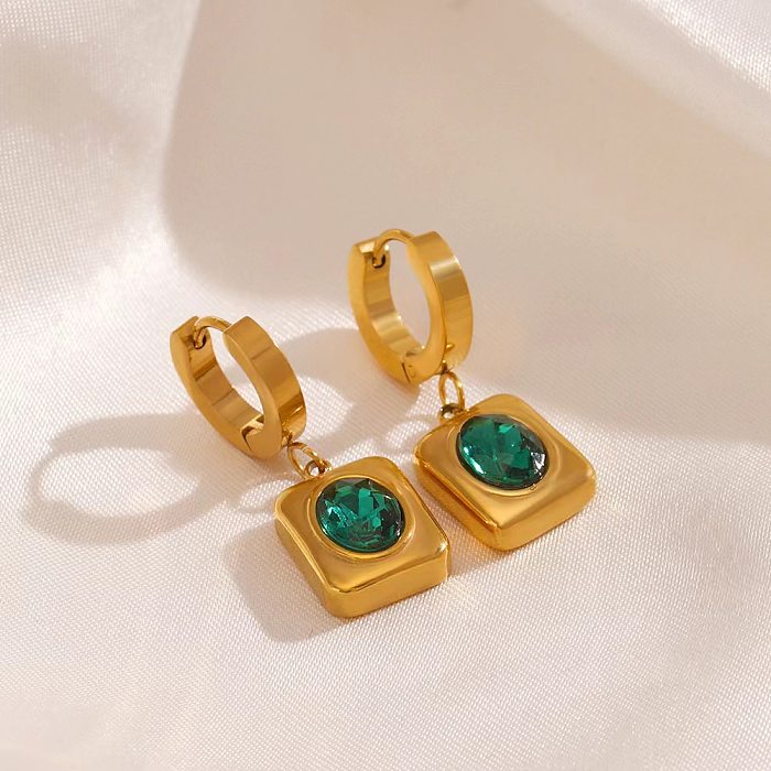 1 paire de boucles d'oreilles pendantes plaquées or 18 carats, Style Simple, incrustation carrée en acier inoxydable et Zircon