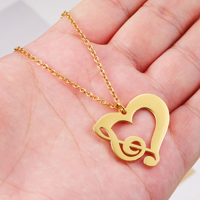 Simple Style Heart Shape Notes Stainless Steel Plating Hollow Out 18K Gold Plated Rose Gold Plated Pendant Necklace