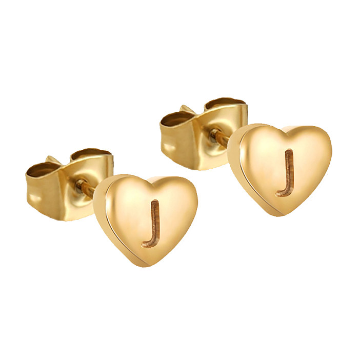 1 par de brincos de orelha banhados a ouro 18K, letras estilo simples, formato de coração, aço inoxidável