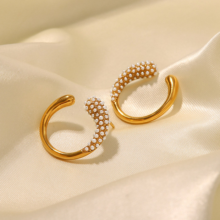 Pendientes geométricos de perlas artificiales con incrustaciones de acero inoxidable a la moda, 1 par