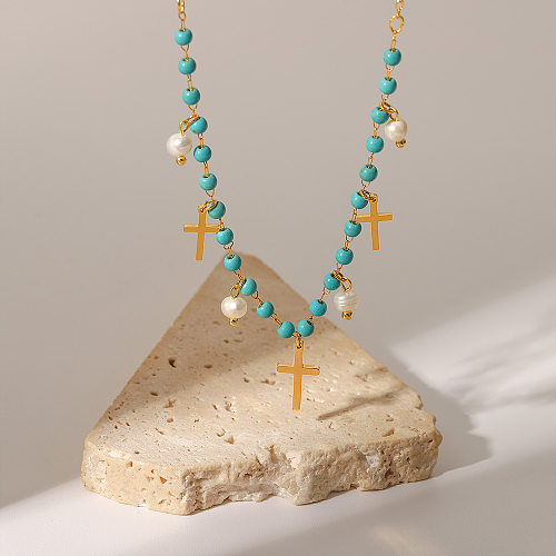 Collier en acier inoxydable avec croix de mode, placage de perles, colliers en acier inoxydable