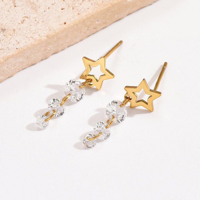 1 paire de boucles d'oreilles pendantes en acier inoxydable et Zircon plaqué or 14 carats, Style Simple, étoile