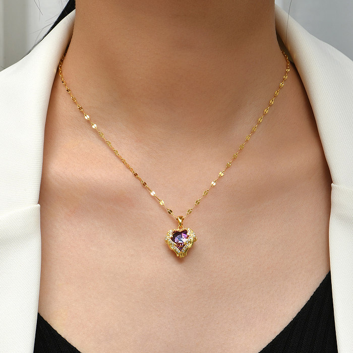 Atacado elegante romântico formato de coração em aço inoxidável 18K colar com pingente de zircão banhado a ouro