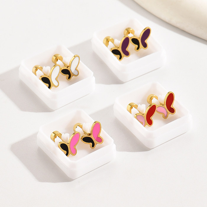 4 Pairs Simple Style Commute Butterfly Enamel Plating Stainless Steel  18K Gold Plated Ear Studs