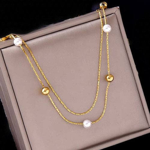 Simple Style Geometric Stainless Steel  Layered Necklaces Gold Plated Pearl Stainless Steel  Necklaces