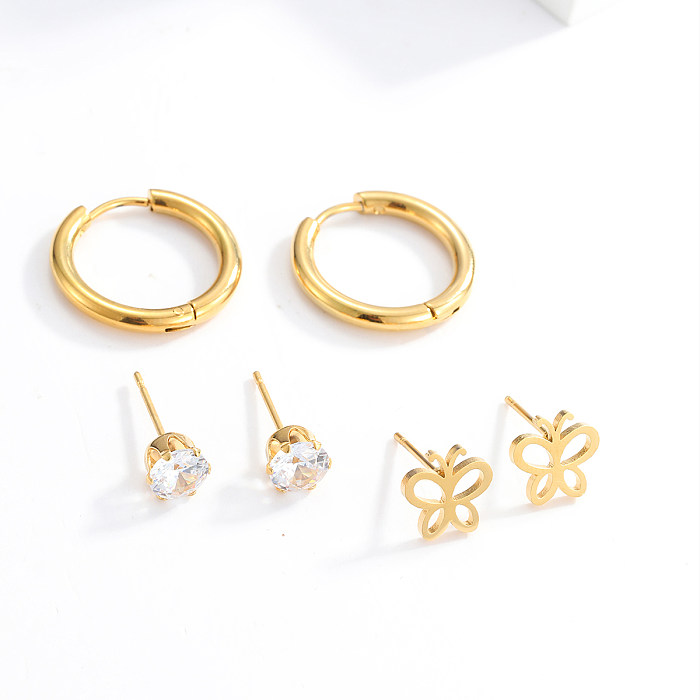 3 paires de clous d'oreilles en acier inoxydable, Style Simple, croix en forme de cœur, papillon, incrustation de perles en Zircon
