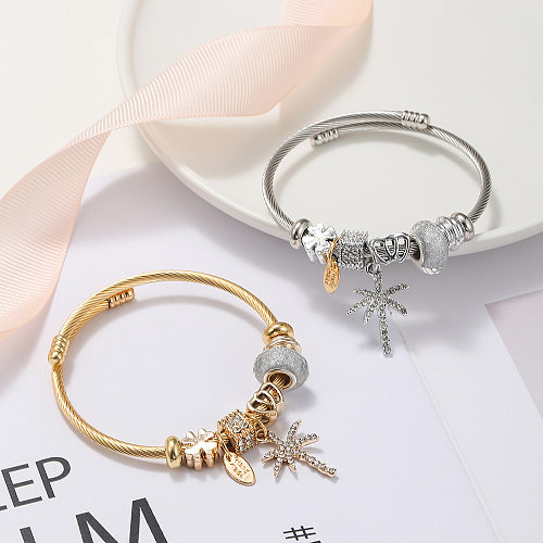 Simple Style Letter Coconut Tree Stainless Steel Alloy Resin Inlay Artificial Gemstones Bangle