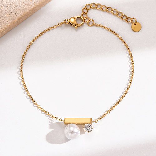 Simple Style Korean Style Rectangle Stainless Steel Polishing Plating Inlay Artificial Pearls Zircon 14K Gold Plated Bracelets
