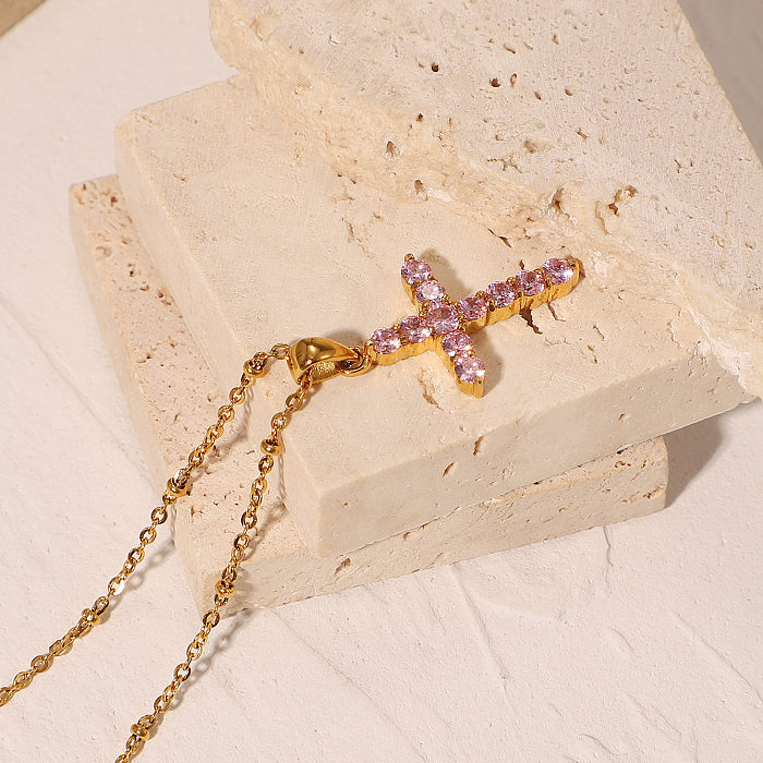 Simple 18K Gold-plated Stainless Steel  Pink Zircon Cross Pendant Necklace